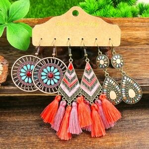 Bronze earrings Pink blue tribal tassel fringe drop multicolor earrings
